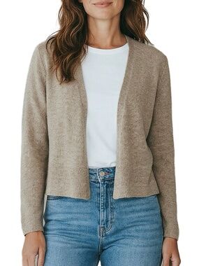 Eileen Fisher Beige Linen Open Front Cardigan Waffle Knit Petite L